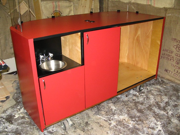 Round base espresso cart with red laminate