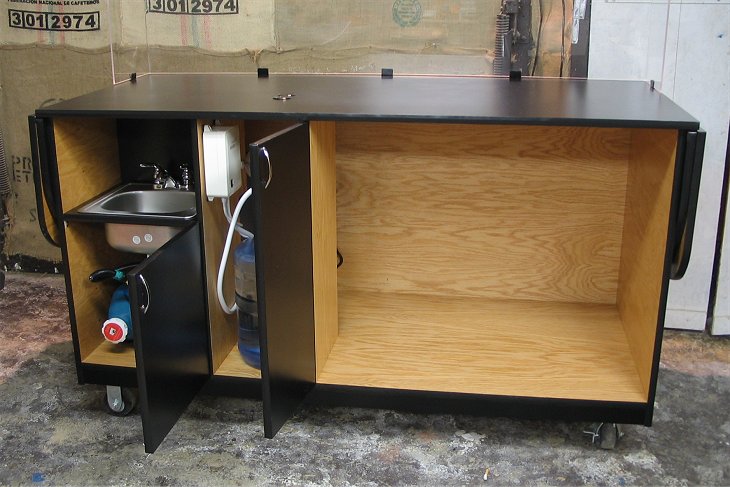 6 foot Base espresso cart showing doors open and plumbing installed