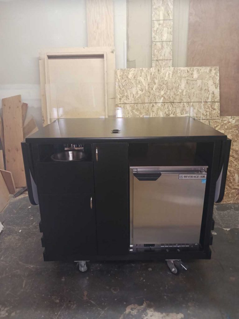 4 foot Mspec espresso cart, operators view with counters folder down.